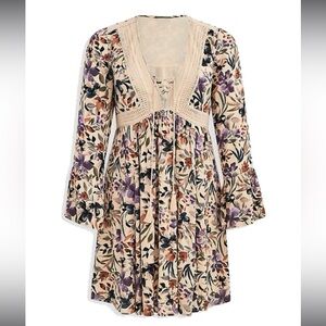 NWOT Torrid Plus Size 0 SAND FLORAL GAUZE LACE-UP SKATER DRESS